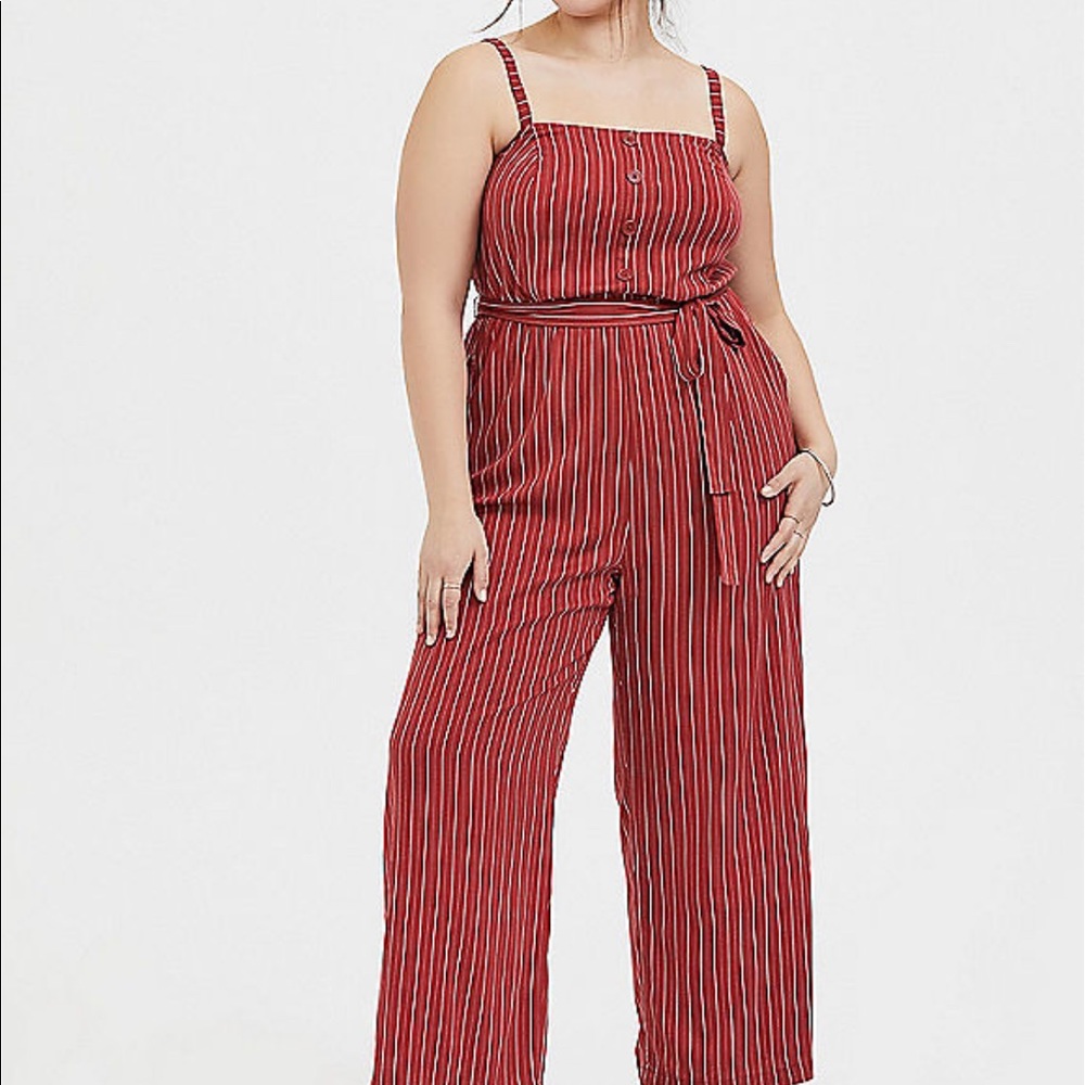 Red-Orange Striped Wide-Leg Jumpsuit with Belt – Plus Size